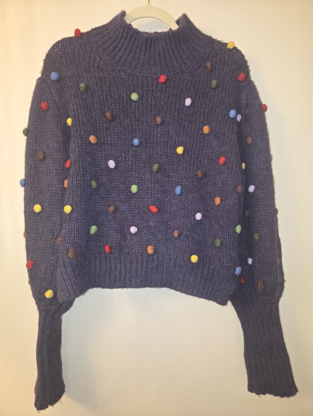 FARM Rio Purple Knit Pom Pom Bobble Mock Neck Sweater [Medium] Alpaca Wool